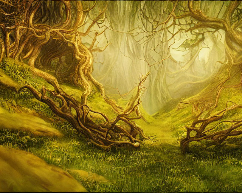 Mystical forest with twisted trees and lush greenery