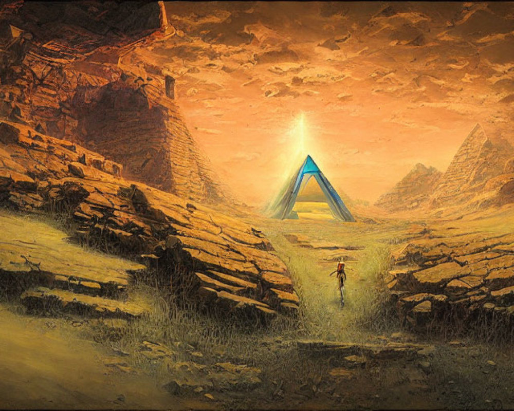 Mystical landscape with person, triangular portal, rocky terrain, and amber sky