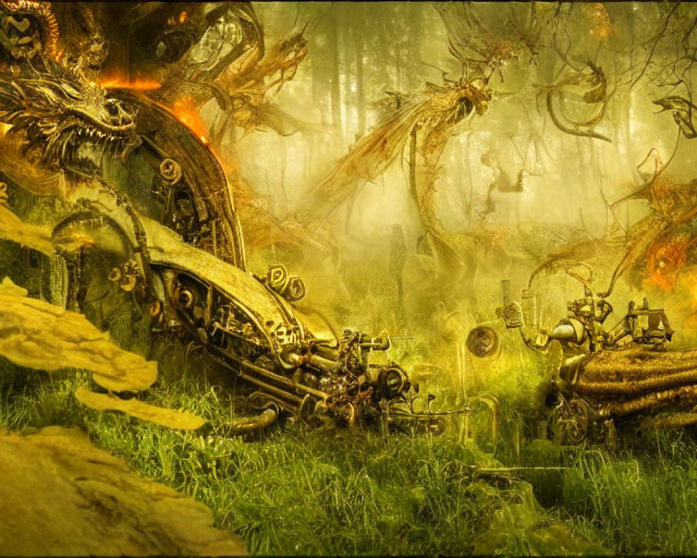 Mystical forest with steampunk elements: mechanical trees, gears, and robotic wildlife