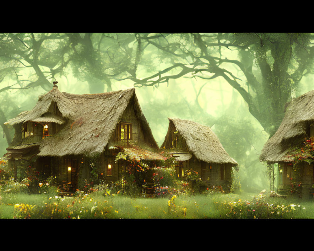 Rustic Thatched Roof Cottages in Forest Clearing