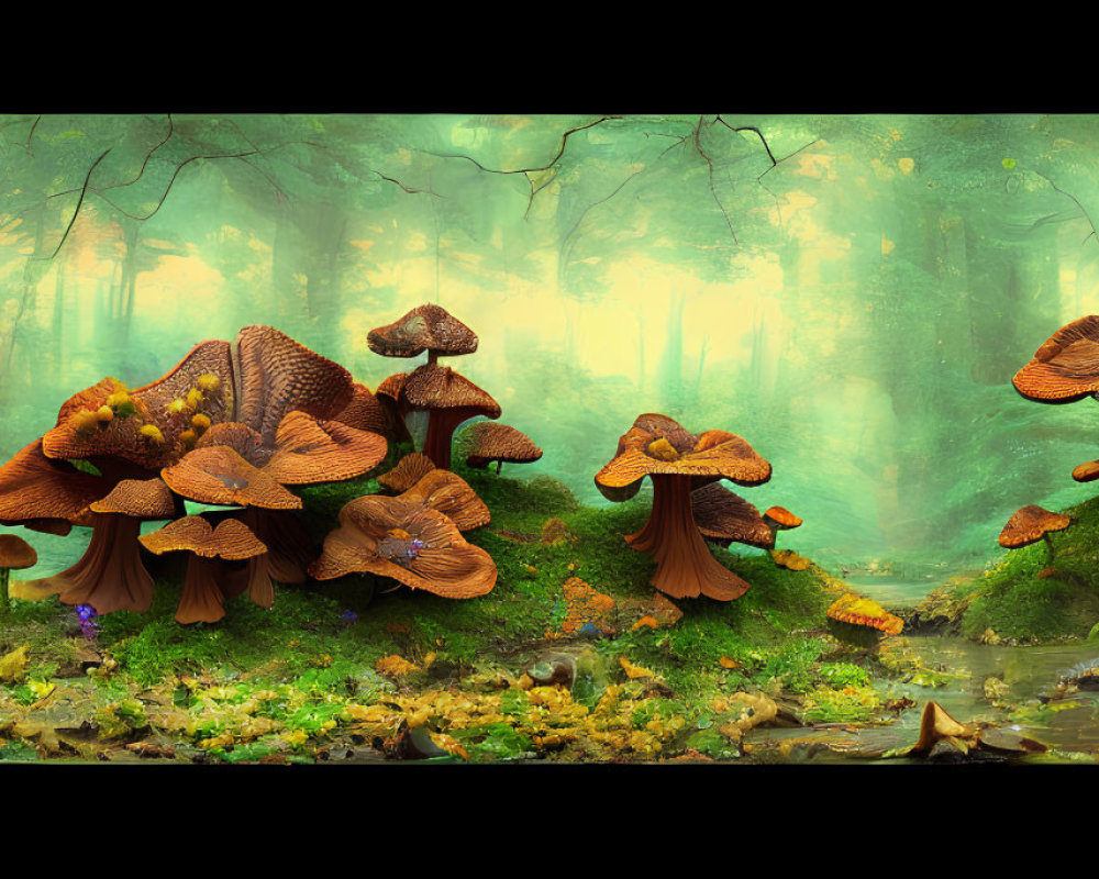 Enchanting forest scene with oversized mushrooms and misty light