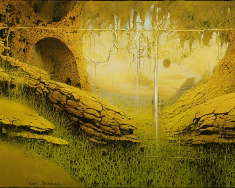 Unique surreal landscape with grass-covered hills, arches, stalactites, and a central phenomenon resembling