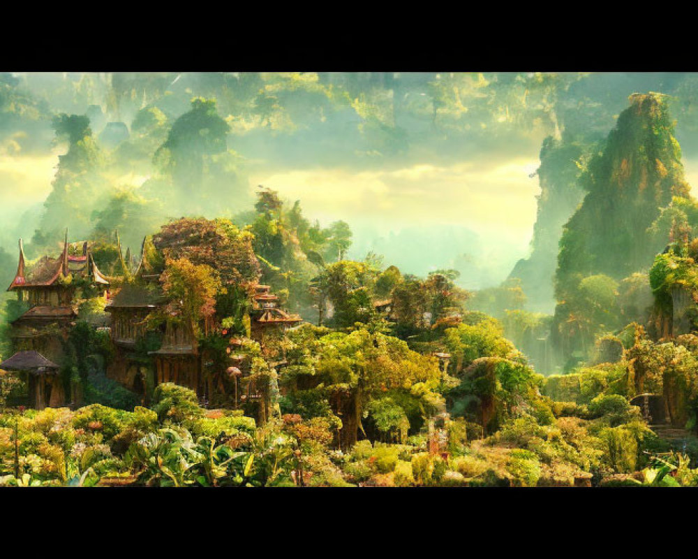 Panoramic fantasy landscape with ancient Asian-style architecture and lush greenery