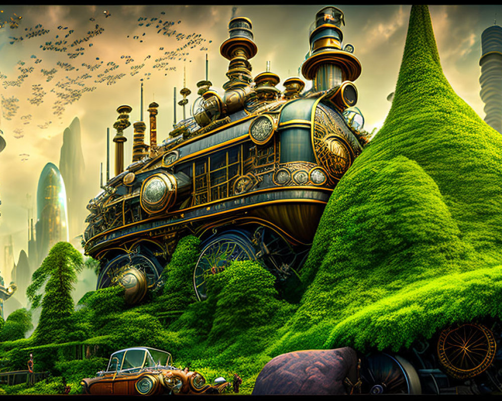 Steampunk cityscape with retro-futuristic vehicles and towering green buildings