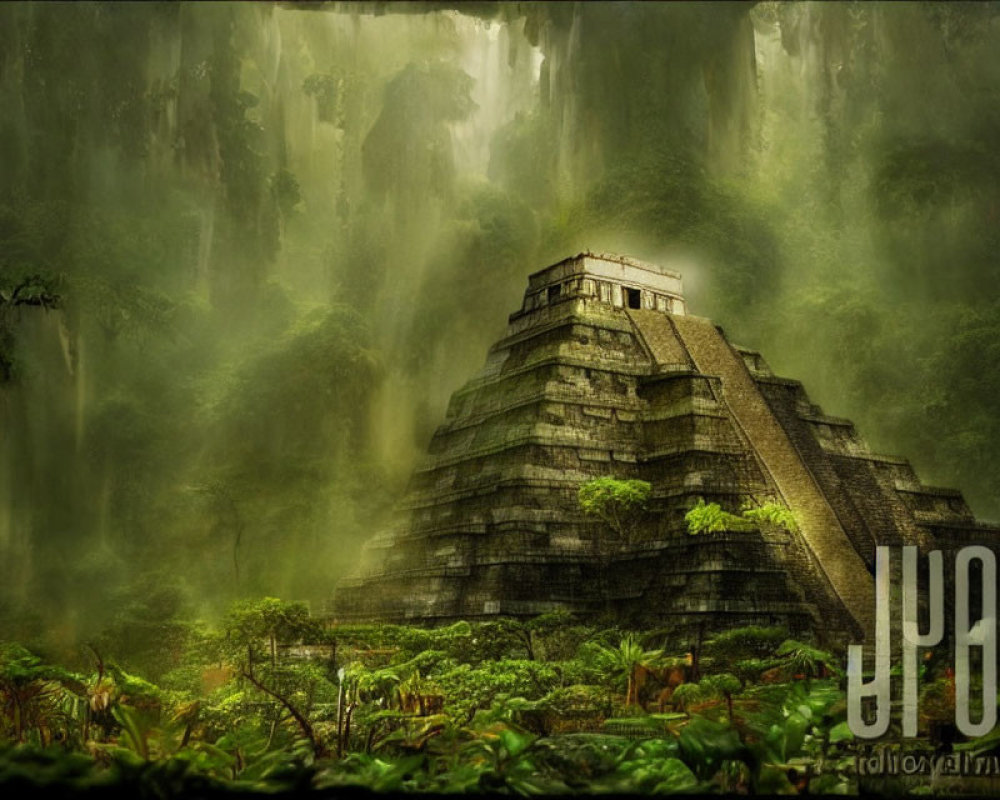 Mesoamerican Pyramid in Misty Tropical Forest with Waterfalls