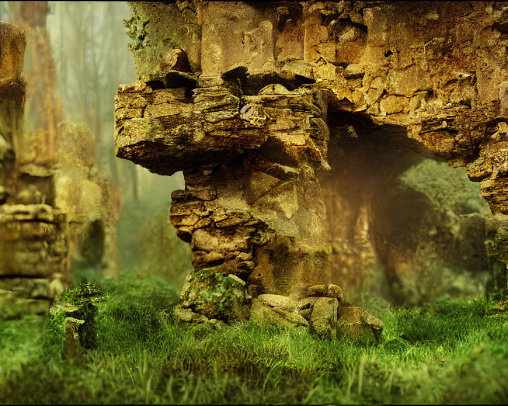 Ancient stone ruins covered in moss in misty forest