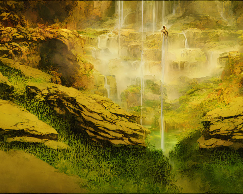 Tranquil Fantasy Waterfall Scene with Person and Runes