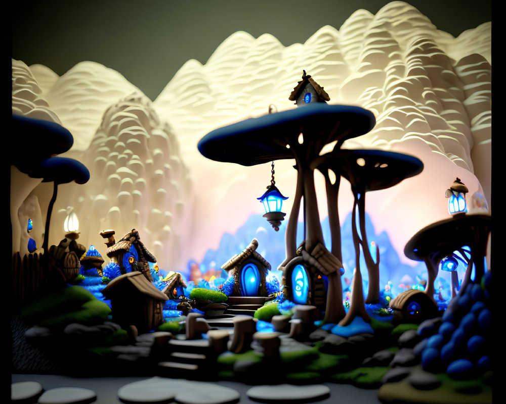 Fantasy 3D art scene: Mushroom village under twilight sky