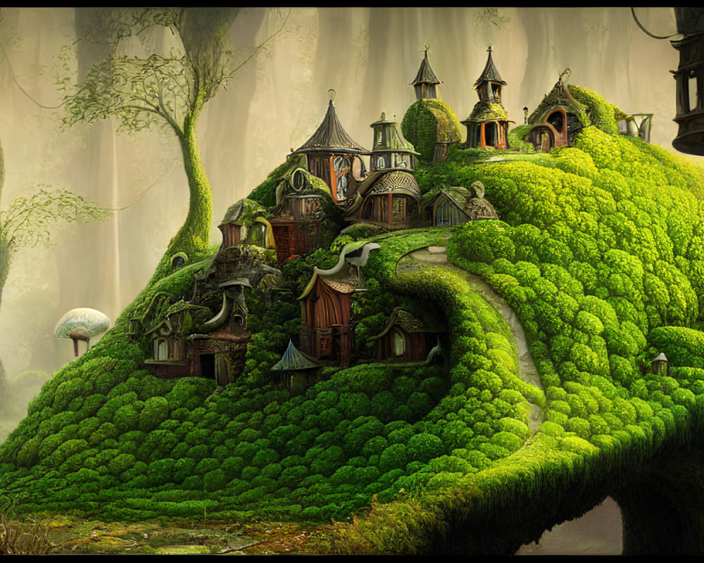 Enchanting fairytale house on lush green hill in magical forest