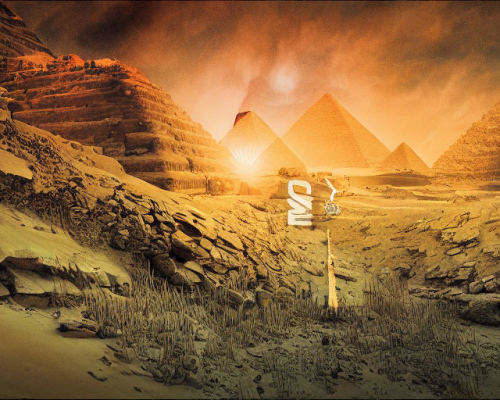 Egyptian Pyramids with Glowing Symbol and Futuristic Elements in Sepia Tone