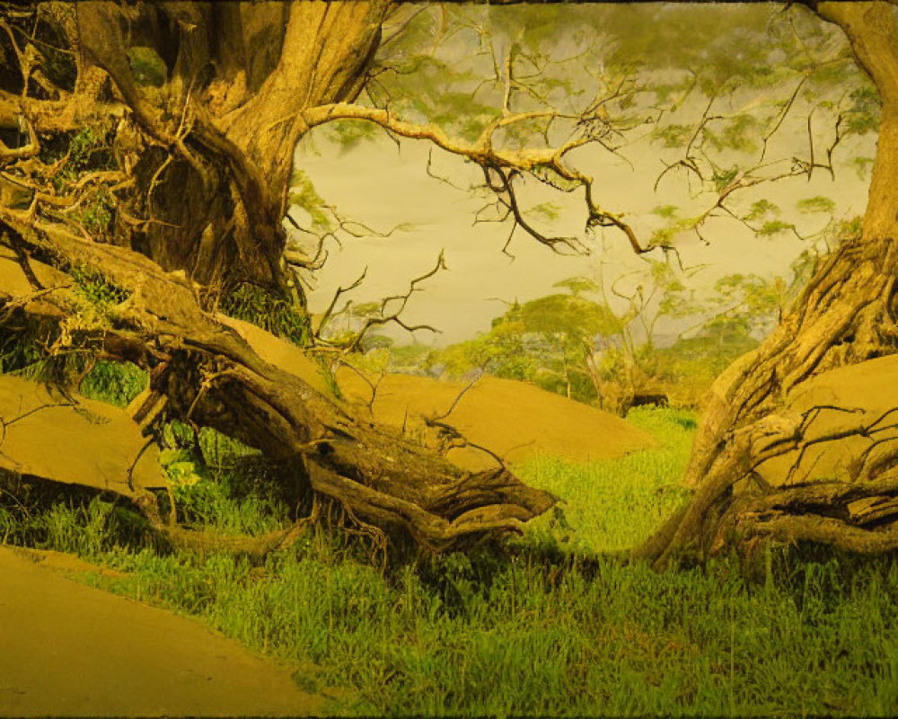 Sepia-Toned Landscape with Intertwined Tree Roots and Murky Sky