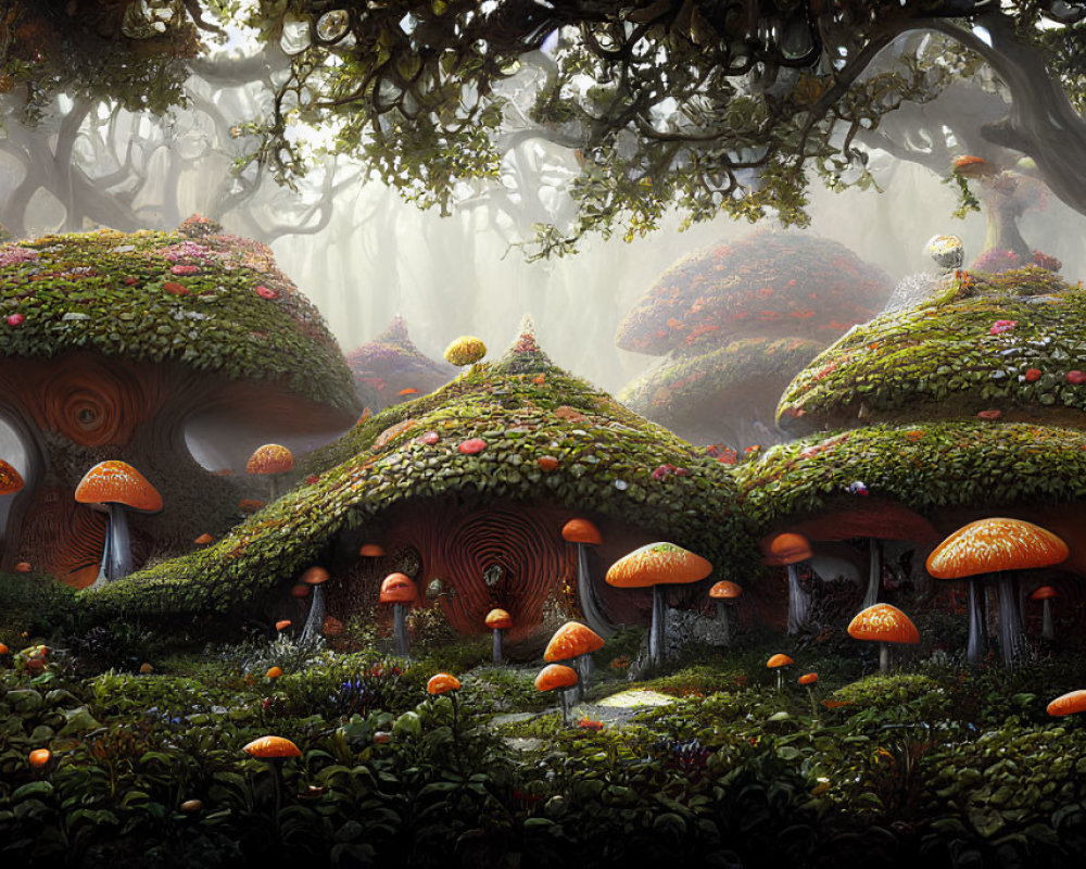 Mystical forest with oversized mushroom-shaped houses and vibrant green moss