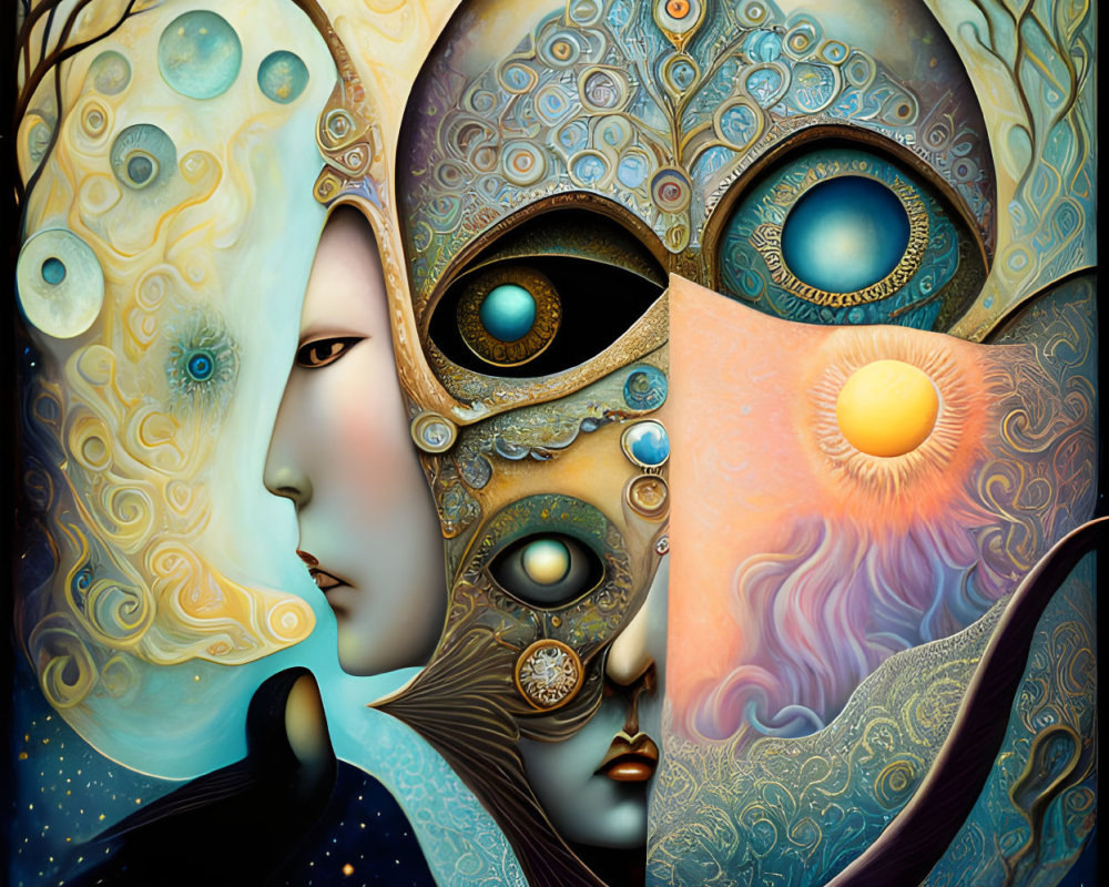 Vibrant surreal artwork with celestial motifs and multiple faces.