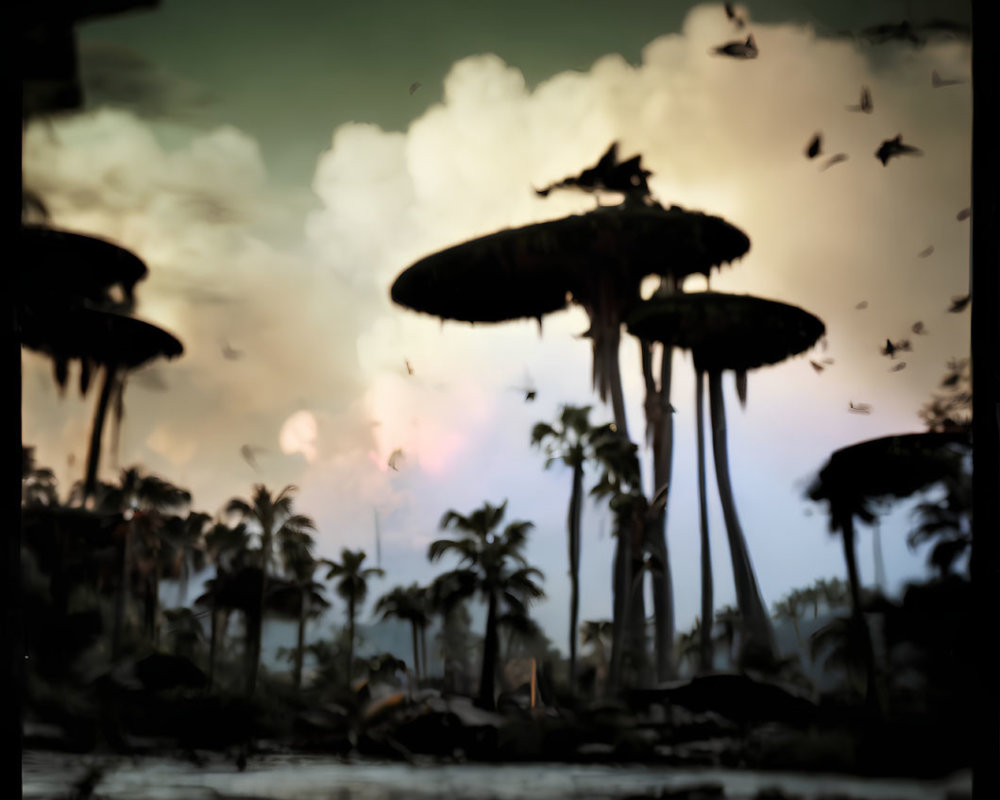 Fantasy landscape featuring towering mushroom structures, tropical trees, dark water, birds, and dusky sky