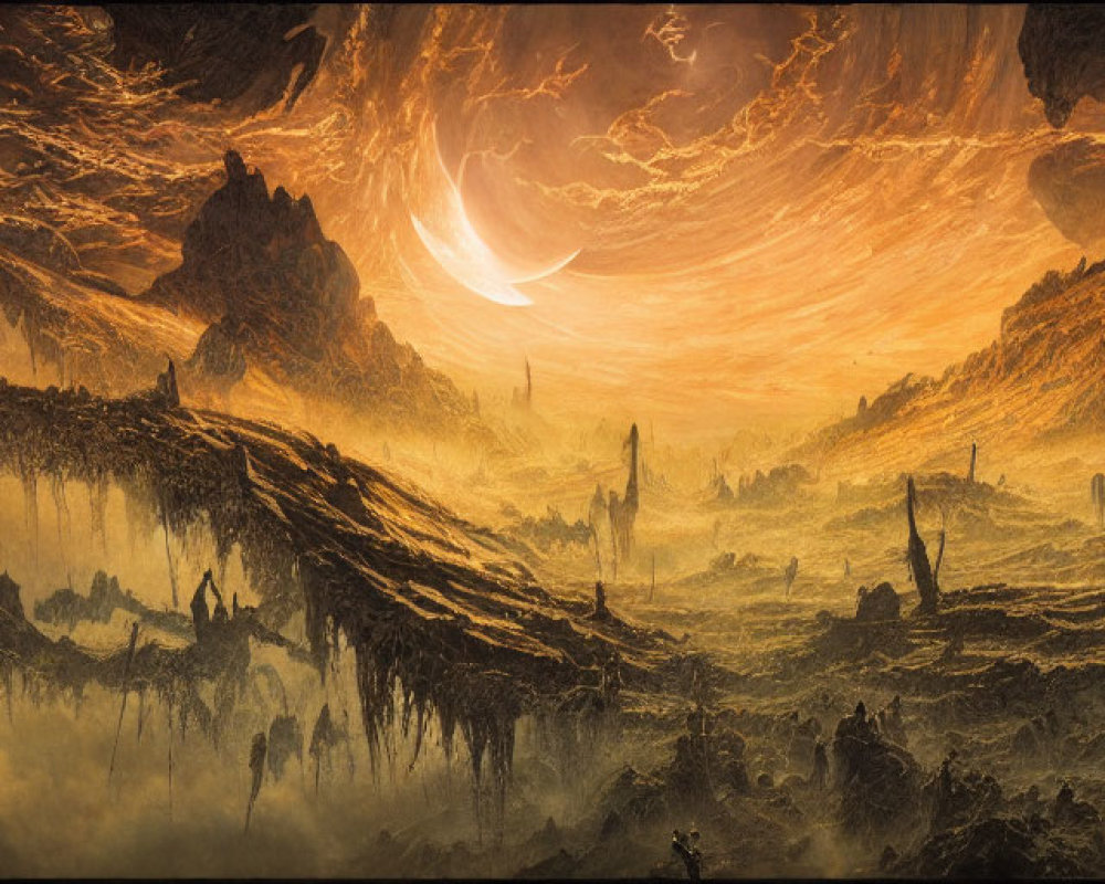 Fantasy landscape with large crescent moon, rocky terrain, eerie structures in glowing sky