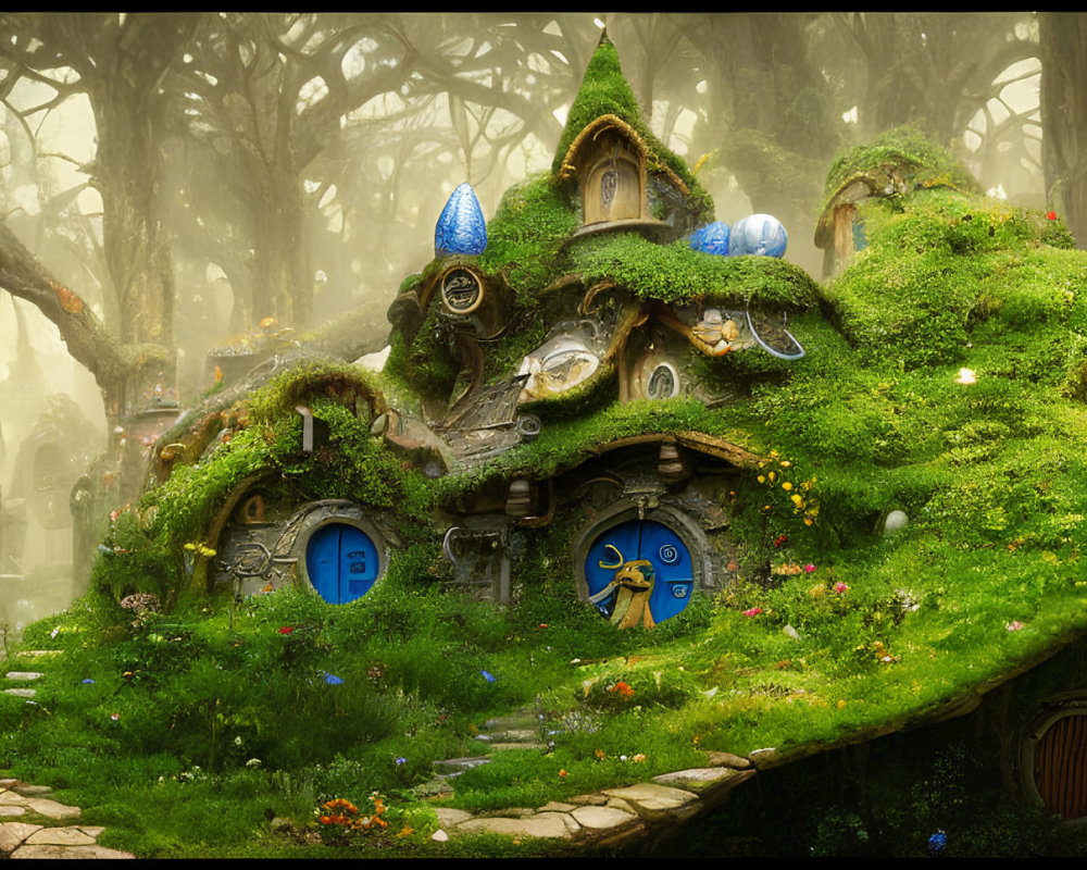 Whimsical moss-covered house in enchanted forest scene