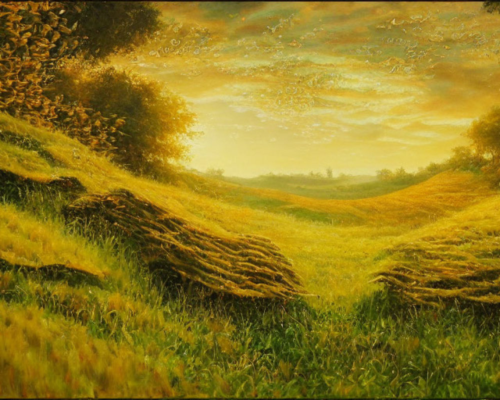 Golden meadow landscape painting with tree-lined horizon and sunset sky