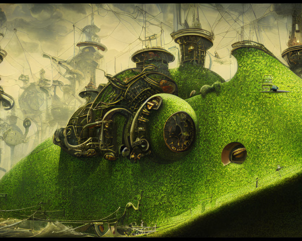 Steampunk scene with industrial towers and moss-covered submarine