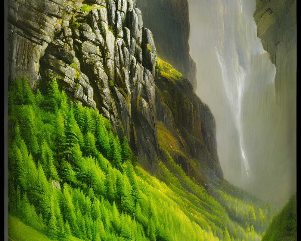 Majestic fantasy landscape with towering cliff, waterfalls, and lush greenery