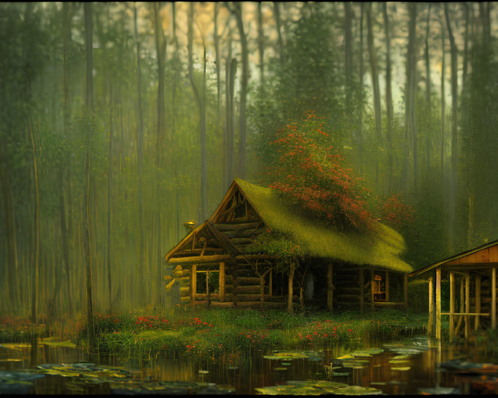 Tranquil Misty Forest Scene with Log Cabin and Autumn Foliage