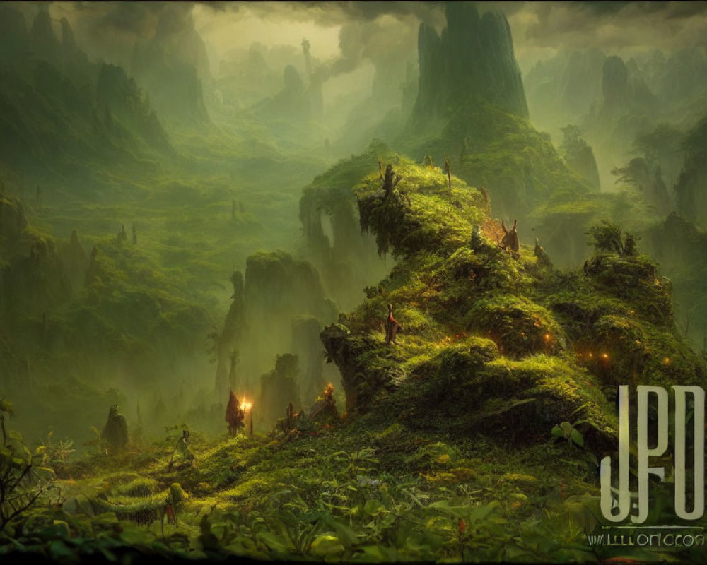 Mystical forest with lush greenery, towering rocks, mist, and small figures with torches