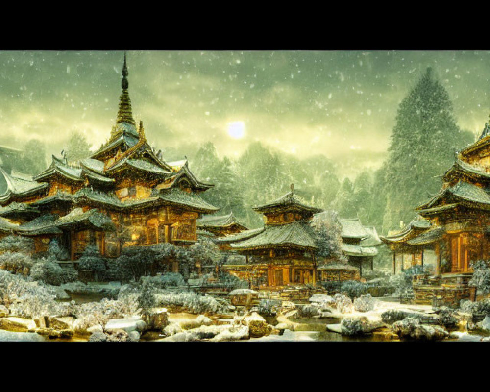 Snowy Asian temples with lanterns in misty forest under hazy moon