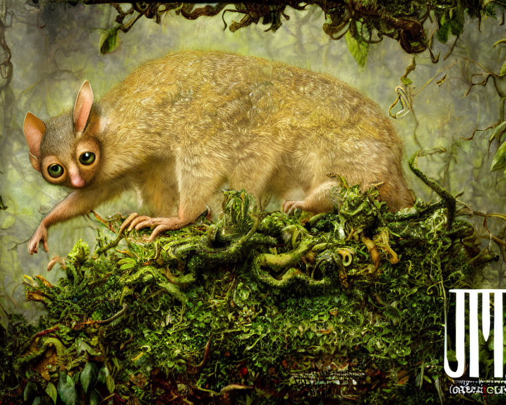 Surreal illustration: Mouse with large human-like eyes on mossy surface