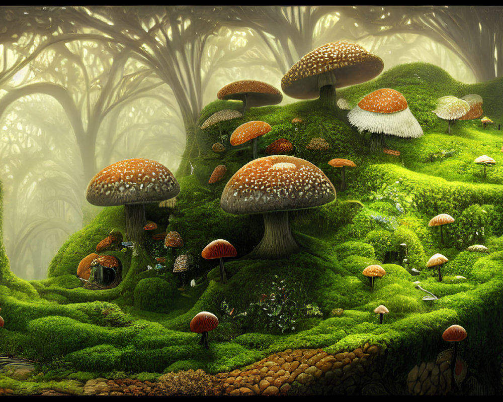 Enchanting Forest Scene with Oversized Mushrooms and Vivid Greenery