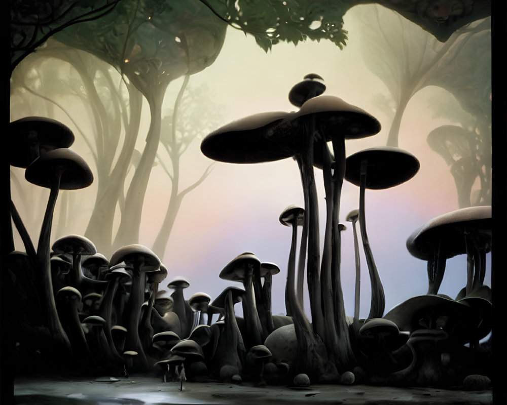 Misty twilight forest with towering mushrooms