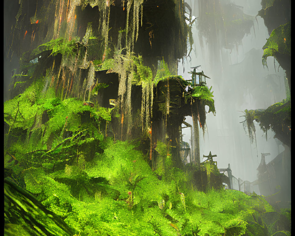 Verdant moss-covered cliff with ruins and futuristic logo in mist