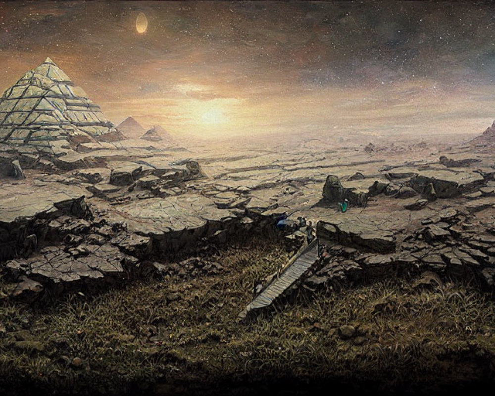 Desolate cracked landscape with futuristic pyramid and ruins at sunset