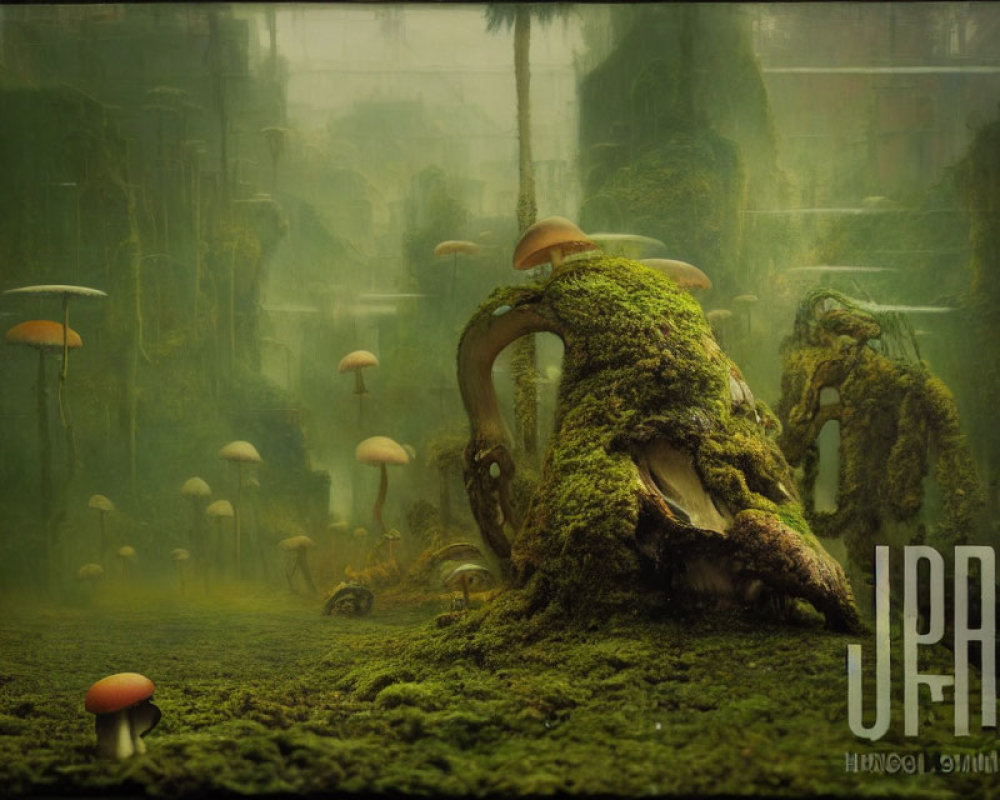 Enchanting misty forest landscape with large mushrooms and lush greenery