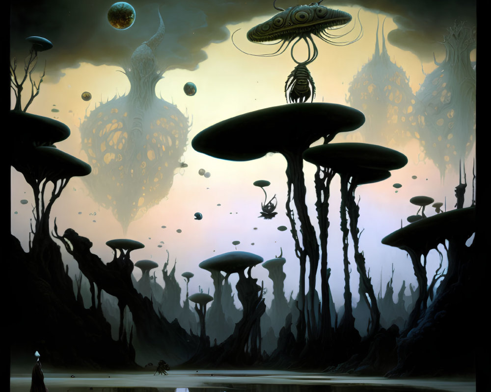 Surreal alien landscape with towering mushroom-like structures and floating orbs