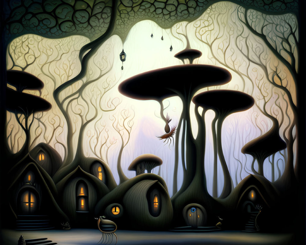 Whimsical village with mushroom houses, lanterns, bird, stylized trees, twilight sky