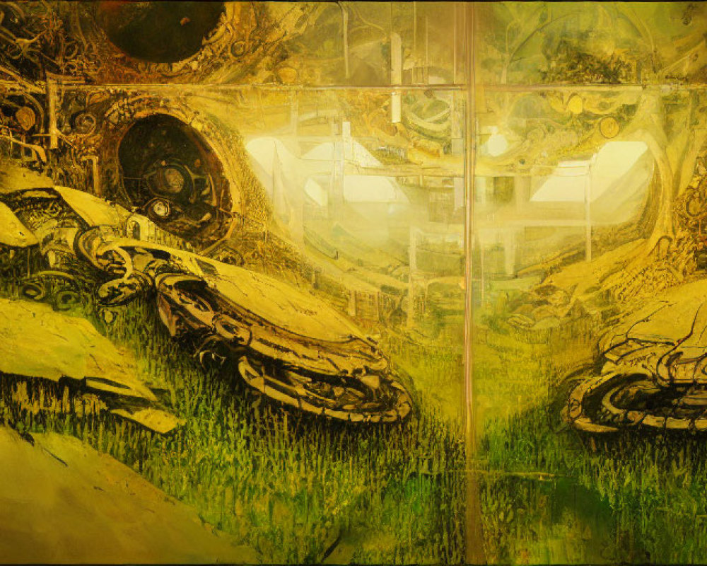 Abstract painting of mechanical parts and caterpillar tracks in green and yellow palette