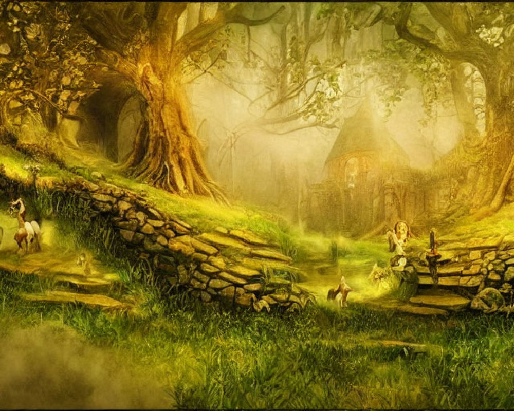 Misty forest with old trees, stone wall, cottage, deer, and figure sitting.