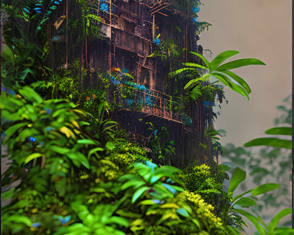 Abandoned building overgrown with greenery and blue flowers under cloudy sky