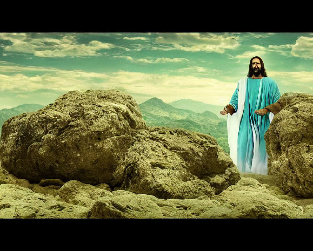 Robed Figure on Rocky Terrain with Mountains and Cloudy Sky