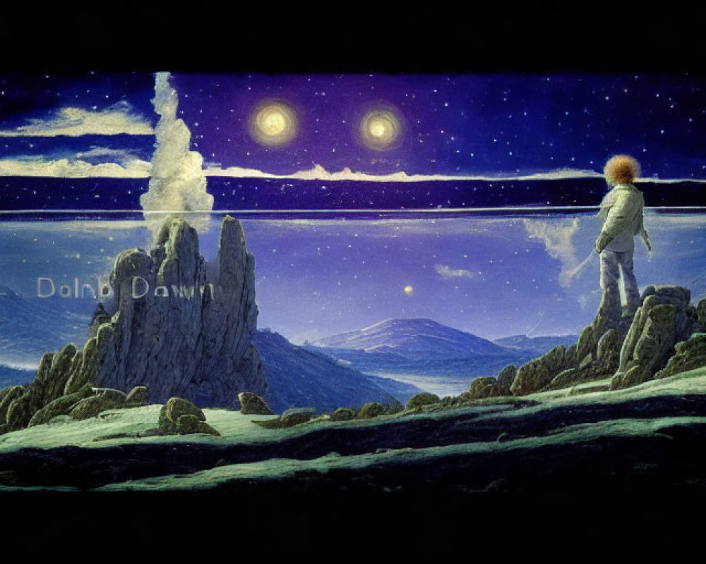 Figure observing surreal landscape with towering rocks and two moons