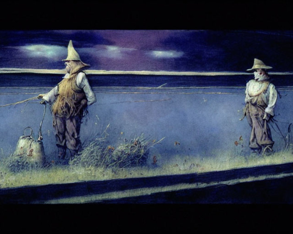 Illustration of Two Wizard-Like Figures in Nocturnal Landscape