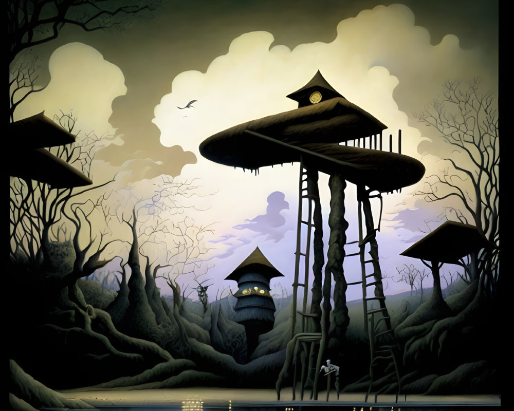 Illustration of two treehouses in eerie forest setting at twilight