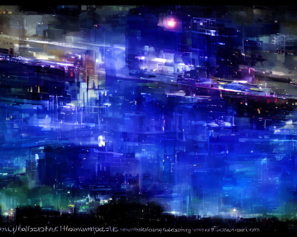 Vibrant blue cityscape digital art with dynamic brushstrokes