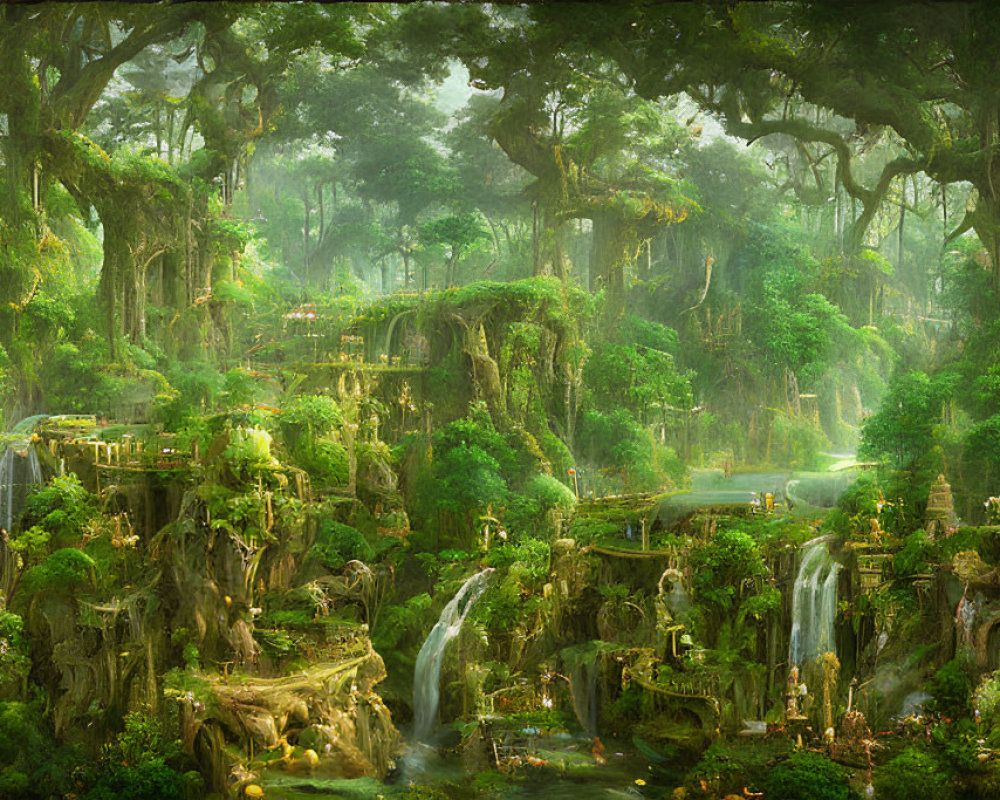 Majestic enchanted forest with ancient ruins and waterfalls