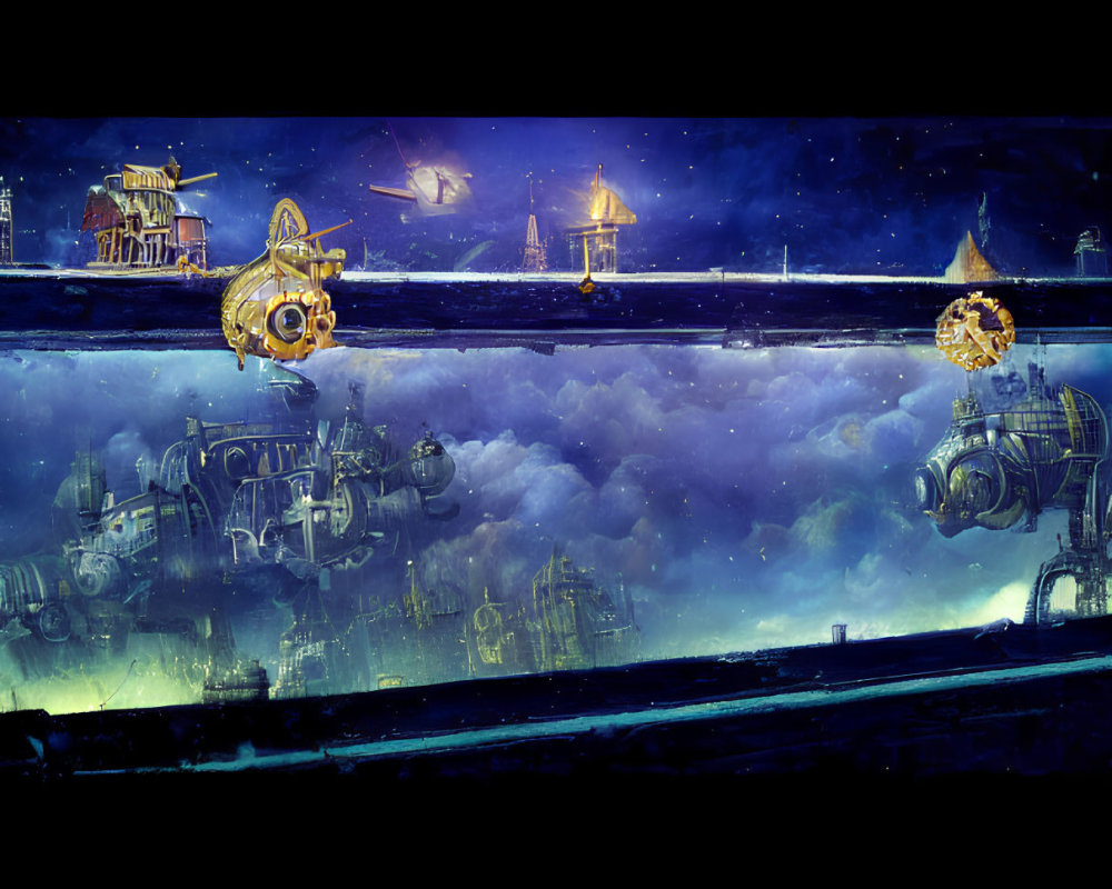 Panoramic view of steampunk space scene with floating ships and structures