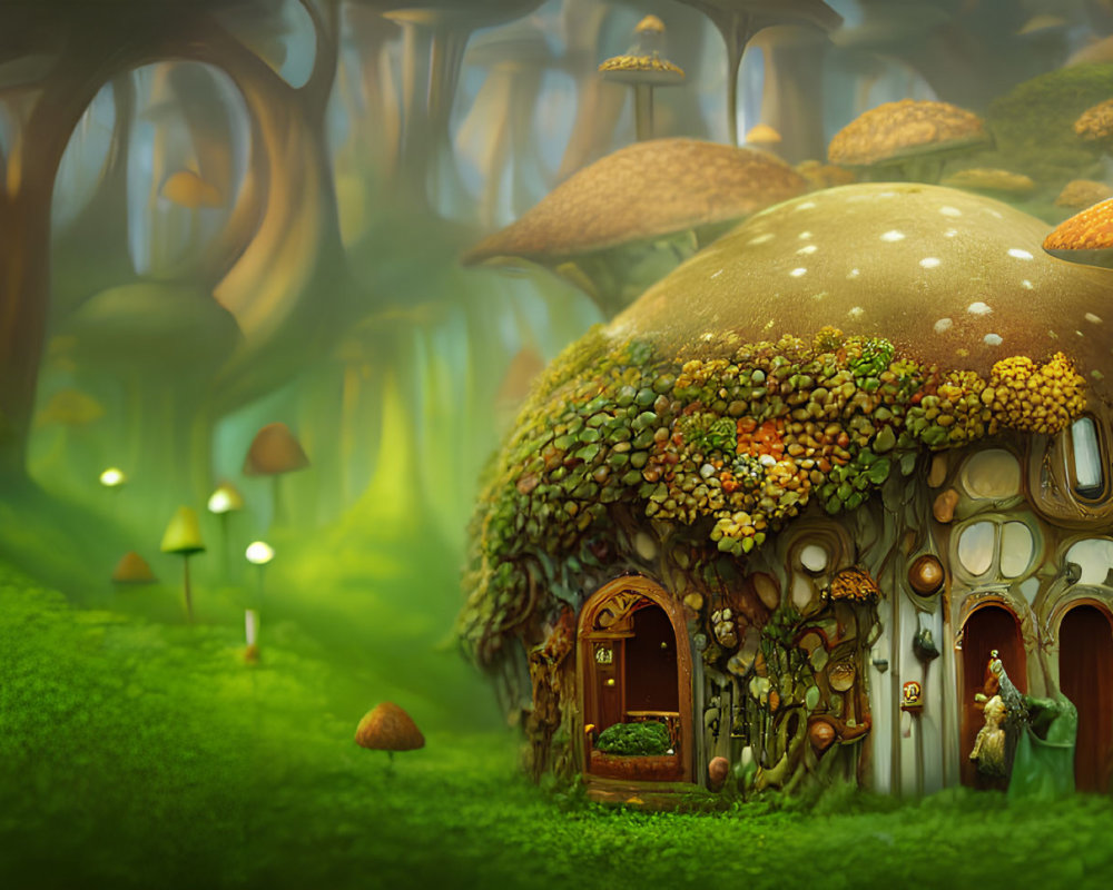 Enchanted forest scene with whimsical mushroom house