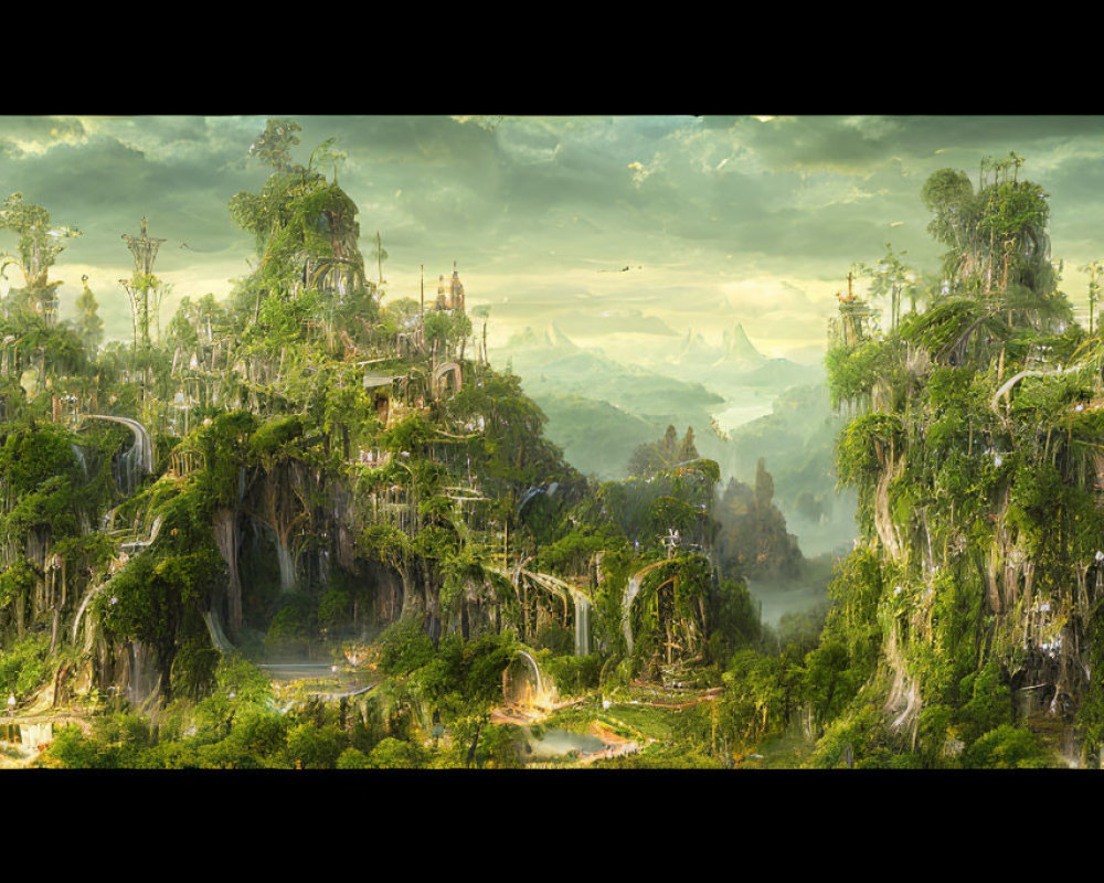 Verdant landscape with towering waterfalls and ancient tree-dominated structures