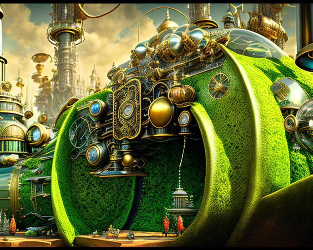 Detailed Futuristic Cityscape with Metallic Towers and Green Spherical Structure