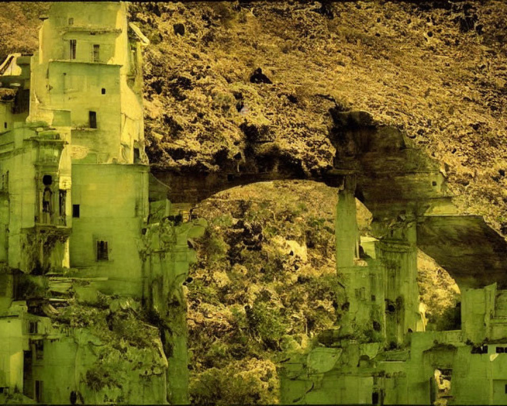 Sepia-Toned Image of Ancient Ruins on Rugged Hillside