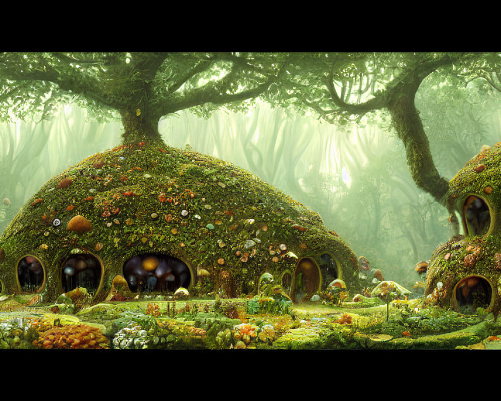 Whimsical mushroom-shaped houses in enchanted forest clearing