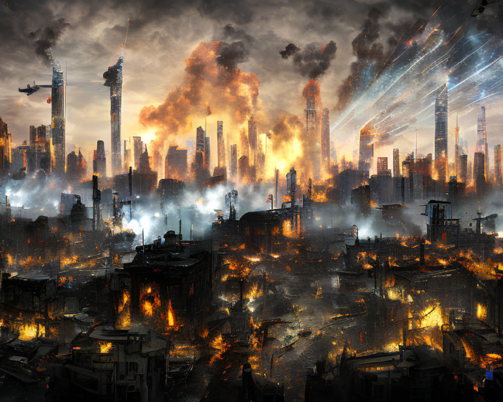 Dystopian cityscape engulfed in flames and destruction